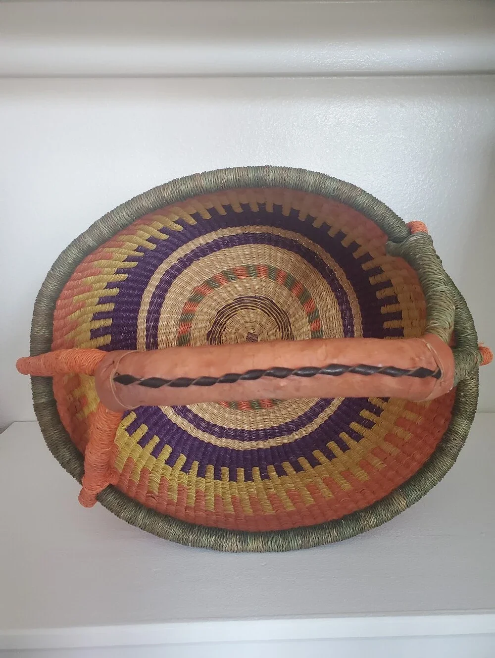 Large Colorful Basket Leather Handle Home Decor Boho Farmhouse Coastal Western